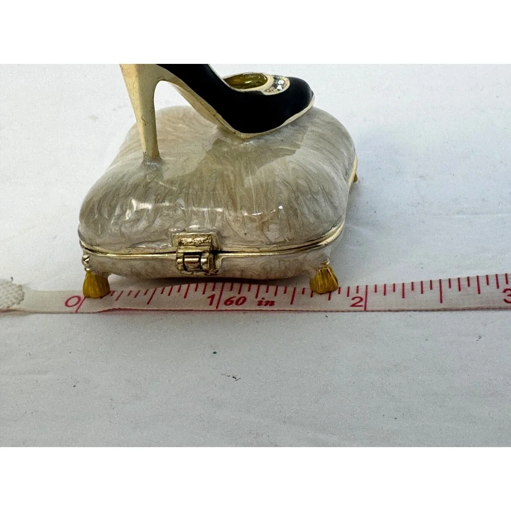Black High Heel Stiletto on Pillow Enameled Trinket Box Gold Tone Rhinestone